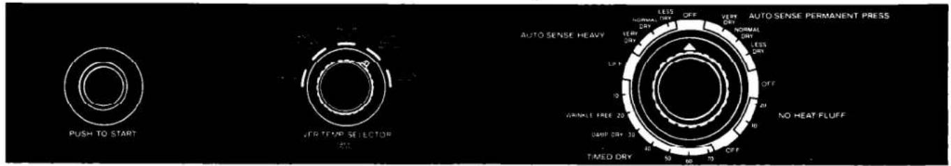 PUSH TO START VFR TEMP SELECTOR AUTO SENSE HEAVY LESS OFF VERY DRY NORMAL DRY VERY DRY NORMAL DRY VERY DRY LESS DRY OFF 20 NO HEAT FLUFF WAINABLE FREE 20 LIP 10 LAMP DRY 30 TIME DRY 10 50 60 70 OFF 50 60 70