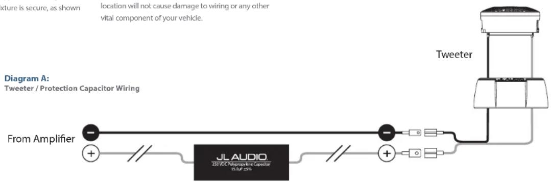 treme is secure, as shown location will not cause damage to wiring or any other vital component of your vehicle. Tweeter Diagram A: Tweeter / Protection Capacitor Wiring From Amplifier + JL AUDIO 250 VOC Polypropylene Capacitor 15.8μF 25h +
