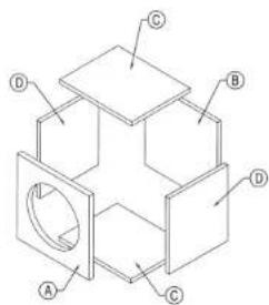 Technical diagram of a 3D mechanical or architectural component with labeled parts A, B, C, D and a central circular cutout.