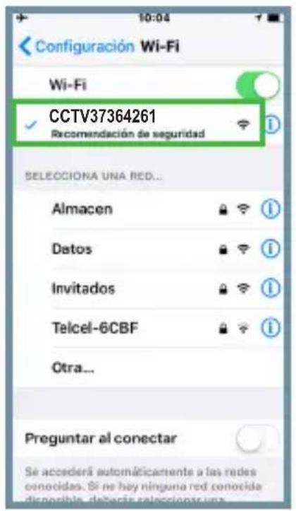 Configuración Wi-Fi Wi-Fi CCTV37364261 Recomendación de seguridad SELECCIONA UNA RED... Almacen Datos Invitados Telcel-6CBF Otra... Preguntar al conectar Se accederá automáticamente a las redes conocidas. Si ne hay ninguna red conocida disponible, deberir seleccionar una