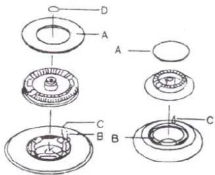 Technical diagram of a mechanical assembly with labeled parts A, B, C, D and internal components
