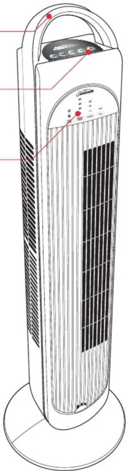 Technical diagram of a Windows tower with labeled components and red indicator lights