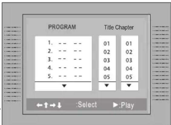 PROGRAM 1. -- -- 2. -- -- 3. -- -- 4. -- -- 5. -- -- Title Chapter 01 01 02 02 03 03 04 04 05 05 ←↑→↓ :Select ▶:Play