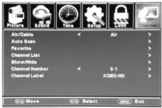 Picture Sound Time Setup Lock Channel Air/Cable Air Auto Scan Favorite Channel List Show/Hide Channel Number 9-1 Channel Label KQED-HD Move Select MENU Exit