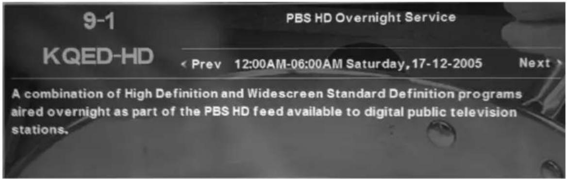 9-1 PBS HD Overnight Service KQED-HD Prev 12:00AM-06:00AM Saturday, 17-12-2005 Next > A combination of High Definition and Widescreen Standard Definition programs aired overnight as part of the PBS HD feed available to digital public television stations.