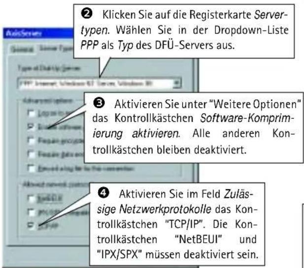 ② Klicken Sie auf die Registerkarte Server- typen. Wählen Sie in der Dropdown-Liste PPP als Typ des DFÜ-Servers aus. ③ Aktivieren Sie unter "Weitere Optionen" das Kontrollkästchen Software-Komprim- ierung aktivieren. Alle anderen Kon- trollkästchen bleiben deaktiviert. ④ Aktivieren Sie im Feld Zuläs- sige Netzwerkprotokolle das Kon- trollkästchen "TCP/IP". Die Kon- trollkästchen "NetBEUI" und "IPX/SPX" müssen deaktiviert sein.