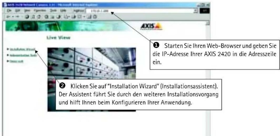 Starten Sie Ihren Web-Browser und geben Sie die IP-Adresse Ihrer AXIS 2420 in die Adresszeile ein. Klicken Sie auf "Installation Wizard" (Installationsassistent). Der Assistent führt Sie durch den weiteren Installationsvorgang und hilft Ihnen beim Konfigurieren Ihrer Anwendung.