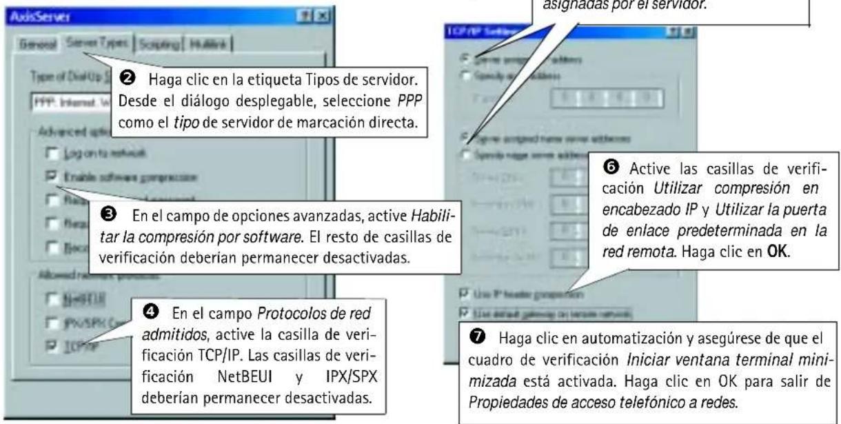 AudiServer General Server Types Scripting MultiLink Type of DialUp PPP: Internet Advanced options Log on to network Enable software compression Habilitar la compresión por software. El resto de casillas de verificación deberían permanecer desactivadas. En el campo de opciones avanzadas, active Habilitar la compresión por software. El resto de casillas de verificación deberían permanecer desactivadas. En el campo Protocolos de red admitidos, active la casilla de verificación TCP/IP. Las casillas de verificación NetBEUI y IPX/SPX deberían permanecer desactivadas. Haga clic en la etiqueta Tipos de servidor. Desde el diálogo desplegable, seleccione PPP como el tipo de servidor de marcación directa. asignadas por el servidor. Active las casillas de verificación Utilizar compresión en encabezado IP y Utilizar la puerta de enlace predeterminada en la red remota. Haga clic en OK. Haga clic en automatización y asegúrese de que el cuadro de verificación Iniciar ventana terminal minimizada está activada. Haga clic en OK para salir de Propiedades de acceso telefónico a redes.