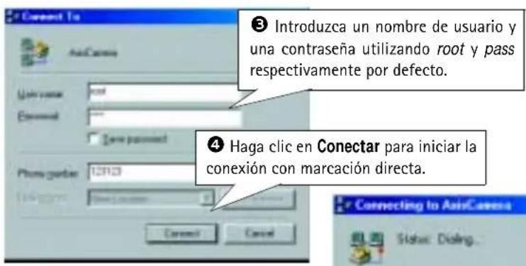 ③ Introduzca un nombre de usuario y una contraseña utilizando root y pass respectivamente por defecto. ④ Haga clic en Conectar para iniciar la conexión con marcación directa.