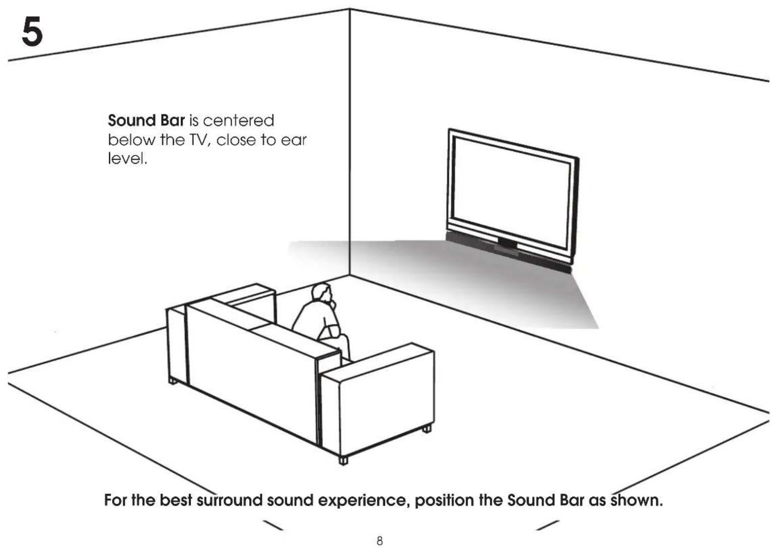 5 Sound Bar is centered below the TV, close to ear level. For the best surround sound experience, position the Sound Bar as shown. 8
