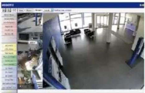 Screenshot of a surveillance camera interface showing a real-time aerial view of an office interior with labeled rooms and equipment.