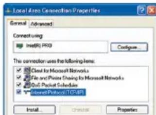 Local Area Connection Properties General Advanced Connecting Internet (IP) Configure... This connection uses the following items: ✓ Cloud for Microsoft Networks ✓ File and Packet Sharing for Microsoft Networks ✓ 0x6 Packet Schedules ✓ Internet Protocol TCP/IP Install... Cancel... Properties