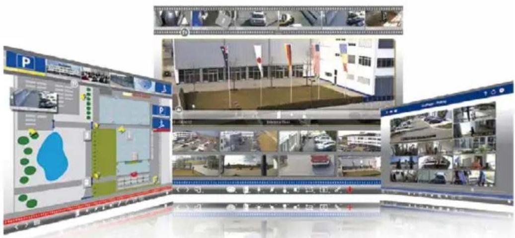 Composite image showing multiple surveillance camera feeds and a parking garage, with UI elements like 'P' and 'P', alongside a central urban photo.