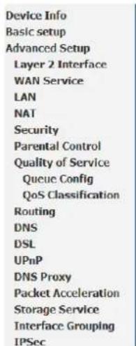 Device Info Basic setup Advanced Setup Layer 2 Interface WAN Service LAN NAT Security Parental Control Quality of Service Queue Config QoS Classification Routing DNS DSL UPnP DNS Proxy Packet Acceleration Storage Service Interface Grouping IPSec