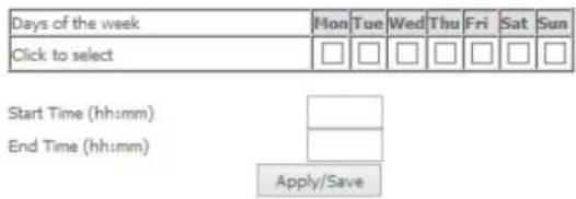 Days of the week Mon Tue Wed Thu Fri Sat Sun Click to select Start Time (hh:mm) End Time (hh:mm) Apply/Save