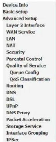 Device Info Basic setup Advanced Setup Layer 2 Interface WAN Service LAN NAT Security Parental Control Quality of Service Queue Config QoS Classification Routing DNS DSL UPnP DNS Proxy Packet Acceleration Storage Service Interface Grouping IPSec