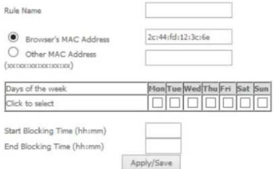 Rule Name Browser's MAC Address 2c:44:fd:12:3c:6e Other MAC Address (x0:00:00:00:00:00) Days of the week Mon Tue Wed Thu Fri Sat Sun Click to select Start Blocking Time (hh:mm) End Blocking Time (hh:mm) Apply/Save