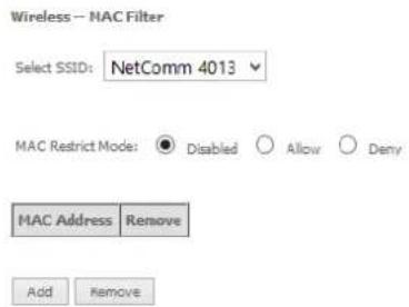 Wireless -- MAC Filter Select SSID: NetComm 4013 MAC Restrict Mode: Disabled Allow Deny MAC Address Remove Add Remove