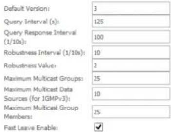 Default Version: 3 Query Interval (s): 125 Query Response Interval (1/10s): 100 Robustness Interval (1/10s): 10 Robustness Value: 2 Maximum Multicast Groups: 25 Maximum Multicast Data Sources (for 1GMPv3): 10 Maximum Multicast Group Members: 25 Fast Leave Enable: