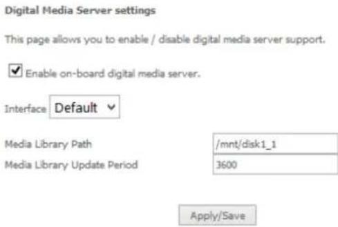Digital Media Server settings This page allows you to enable / disable digital media server support. ✓ Enable on-board digital media server. Interface Default Media Library Path /mnt/disk1_1 Media Library Update Period 3600 Apply/Save