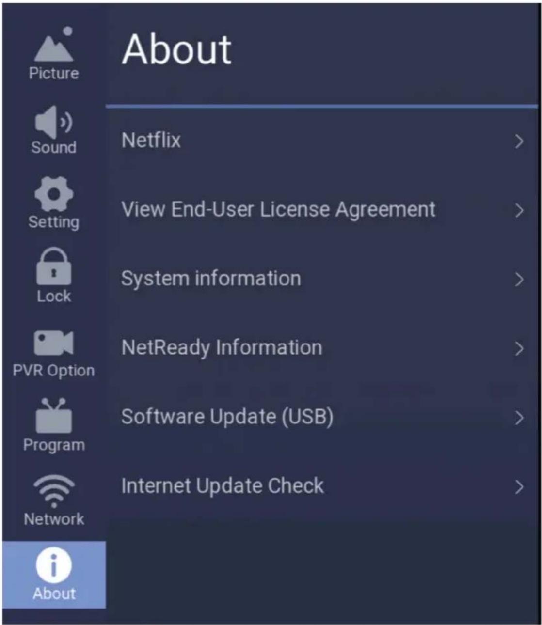Picture Sound Setting Lock PVR Option Program Network About Netflix > View End-User License Agreement > System information > NetReady Information > Software Update (USB) > Internet Update Check > About >