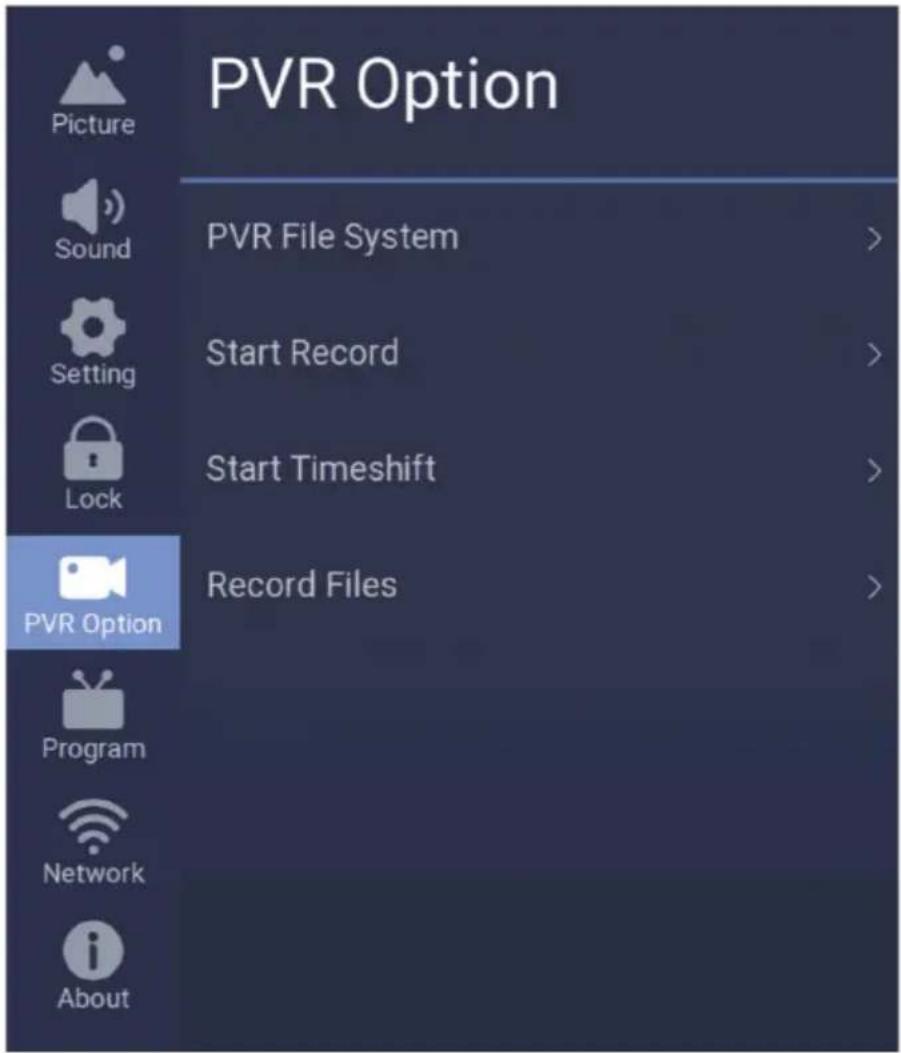 PVR Option Picture Sound Setting Lock PVR Option Program Network About PVR File System > Start Record > Start Timeshift > Record Files >