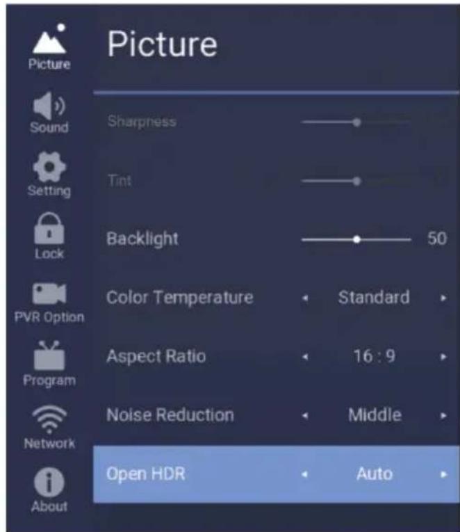 Picture Sound Setting Lock PVR Option Program Network Open HDR Auto