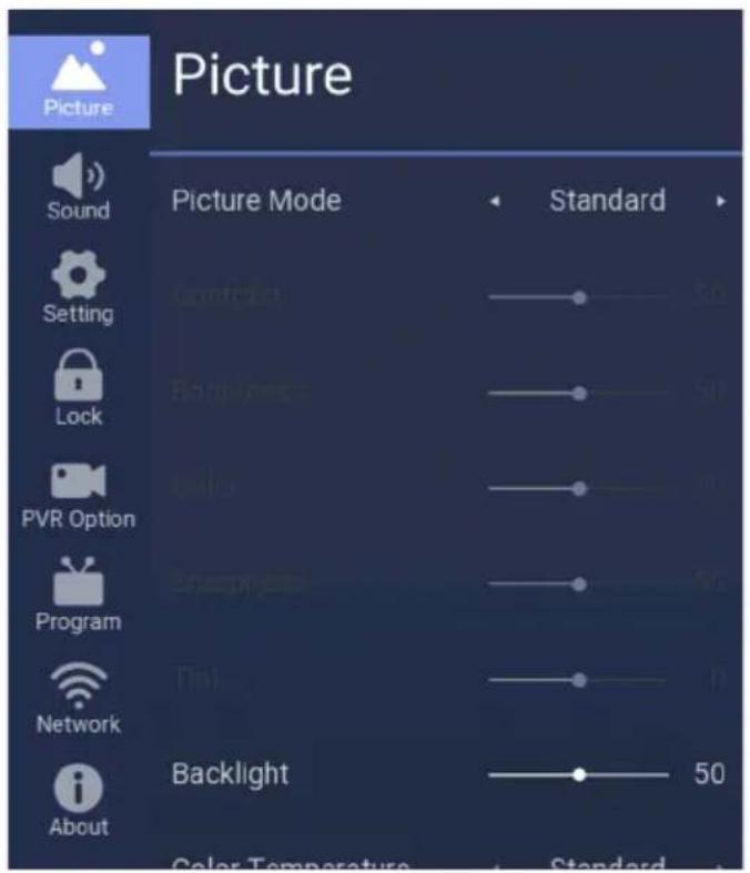 Picture Sound Setting Lock PVR Option Program Network About Picture Mode Standard Backlight 50 Color Temperature Standard