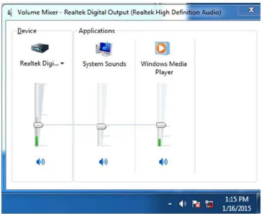 Volume Mixer - Realtek Digital Output (Realtek High Definition Audio) Device Realtek Digi... Applications System Sounds Windows Media Player 1:15 PM 1/16/2015