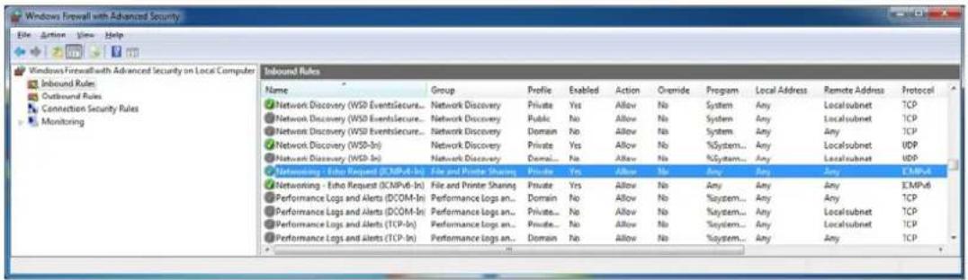 Windows Firewall with Advanced Security File Edit View Help Inbound Rules Outbound Rules Connection Security Rules Monitoring Inbound Rules Name Group Profile Enabled Action Override Program Local Address Remote Address Protocol Network Discovery (WSD EventSecure... Network Discovery Private Yes Allow No System Any Localsubnet TCP Network Discovery (WSD EventSecure... Network Discovery Public No Allow No System Any Localsubnet TCP Network Discovery (WSD EventSecure... Network Discovery Domain No Allow No System Any Any TCP Network Discovery (WSD-In) Network Discovery Private Yes Allow No %System... Any Localsubnet UDP Network Discovery (WSD-In) Network Discovery Domain... No Allow No %System... Any Localsubnet UDP Networking - Echo Request (ICMPv6-In) File and Printer Sharing Private Yes Allow No Any Any Any EMPv6 Networking - Echo Request (ICMPv6-In) File and Printer Sharing Private Yes Allow No Any Any Any EMPv6 Performance Logs and Alerts (DCOM-In) Performance logs an... Domain No Allow No %system... Any Any TCP Performance Logs and Alerts (DCOM-In) Performance logs an... Private... No Allow No %system... Any Local subnet TCP Performance Logs and Alerts (TCP-In) Performance logs an... Private... No Allow No %system... Any Local subnet TCP Performance Logs and Alerts (TCP-In) Performance logs an... Domain No Allow No %system... Any Any TCP