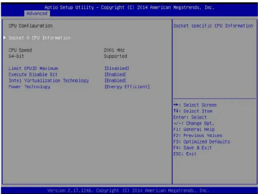 Aptio Setup Utility - Copyright (C) 2014 American Megatrends, Inc. Advanced CPU Configuration Socket 0 CPU Information CPU Speed 2001 MHz 64-bit Supported Limit CPUID Maximum [Disabled] Execute Disable Bit [Enabled] Intel Virtualization Technology [Enabled] Power Technology [Energy Efficient] Socket specific CPU Information +: Select Screen ↑↓: Select Item Enter: Select +/-: Change Opt. F1: General Help F2: Previous Values F3: Optimized Defaults F4: Save & Exit ESC: Exit Version 2.17.1246. Copyright (C) 2014 American Megatrends, Inc.