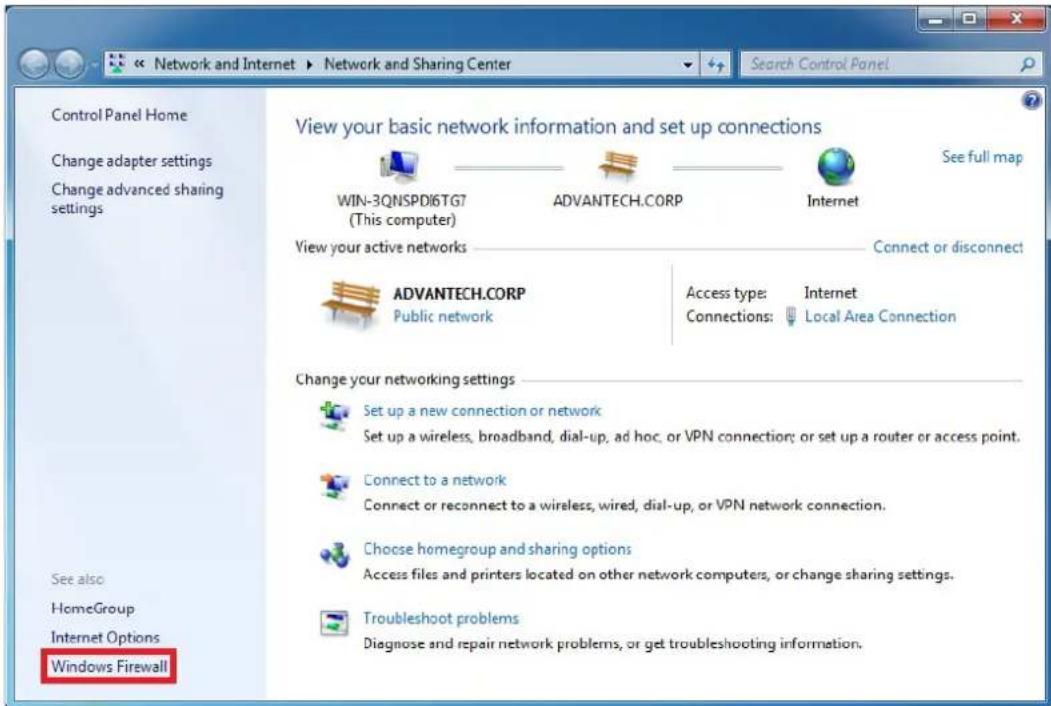 Control Panel Home Change adapter settings Change advanced sharing settings View your basic network information and set up connections WIN-3QNSPD16TG7 (This computer) ADVANTECH.CORP Internet See full map View your active networks Connect or disconnect ADVANTECH.CORP Public network Access type: Internet Connections: Local Area Connection Change your networking settings Set up a new connection or network Set up a wireless, broadband, dial-up, ad hoc, or VPN connection; or set up a router or access point. Connect to a network Connect or reconnect to a wireless, wired, dial-up, or VPN network connection. Choose homegroup and sharing options Access files and printers located on other network computers, or change sharing settings. Troubleshoot problems Diagnose and repair network problems, or get troubleshooting information. See also HomeGroup Internet Options Windows Firewall