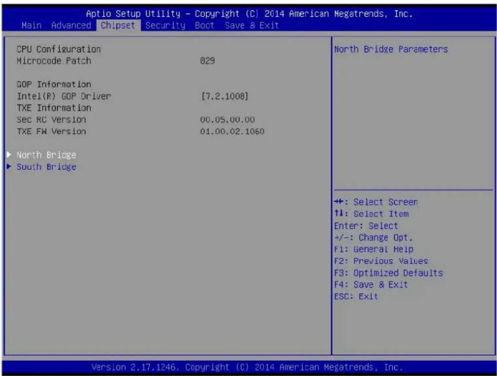 Aptio Setup Utility - Copyright (C) 2014 American Megatrends, Inc. Main Advanced Chipset Security Boot Save & Exit CPU Configuration Microcode Patch 829 GOP Information Intel(R) GOP Driver [7.2.1008] TXE Information Sec RC Version 00.05.00.00 TXE FW Version 01.00.02.1060 ► North Bridge ► South Bridge North Bridge Parameters +: Select Screen ↑↓: Select Item Enter: Select +/-: Change Opt. F1: General Help F2: Previous Values F3: Optimized Defaults F4: Save & Exit ESC: Exit Version 2.17.1246. Copyright (C) 2014 American Megatrends, Inc.
