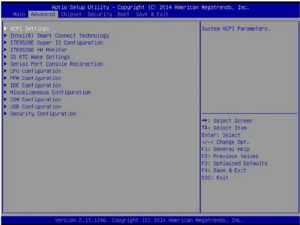 Aptio Setup Utility - Copyright (C) 2014 American Megatrends, Inc. Main Advanced Chipset Security Boot Save & Exit ACPI Settings Intel(R) Smart Connect Technology ITE8528E Super ID Configuration ITE8528E HW Monitor S5 RTC Wake Settings Serial Port Console Redirection CPU Configuration PPM Configuration IDE Configuration Miscellaneous Configuration CSM Configuration USB Configuration Security Configuration System ACPI Parameters. +: Select Screen ↑↓: Select Item Enter: Select +/-: Change Opt. F1: General Help F2: Previous Values F3: Optimized Defaults F4: Save & Exit ESC: Exit Version 2.17.1246. Copyright (C) 2014 American Megatrends, Inc.