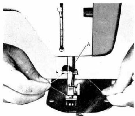 Technical diagram of a sewing machine with labeled parts A and L, showing hands operating the component.