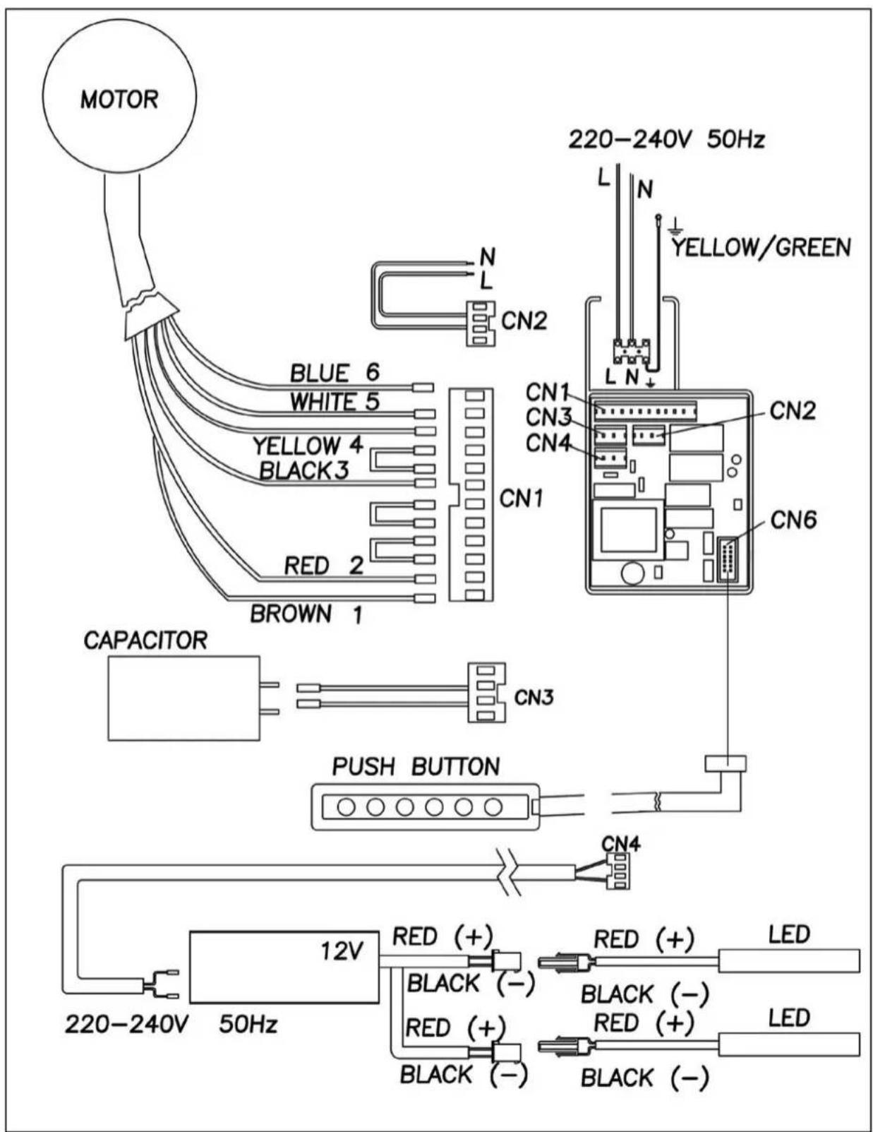 MOTOR BLUE 6 WHITE 5 YELLOW 4 BLACK3 RED 2 BROWN 1 CN1 CN2 N L N 220-240V 50Hz YELLOW/GREEN CN1 CN3 CN4 CN2 CN6 CAPACITOR CN3 PUSH BUTTON CN4 12V 220-240V 50Hz RED (+) BLACK (-) RED (+) BLACK (-) RED (+) LED LED BLACK (-)