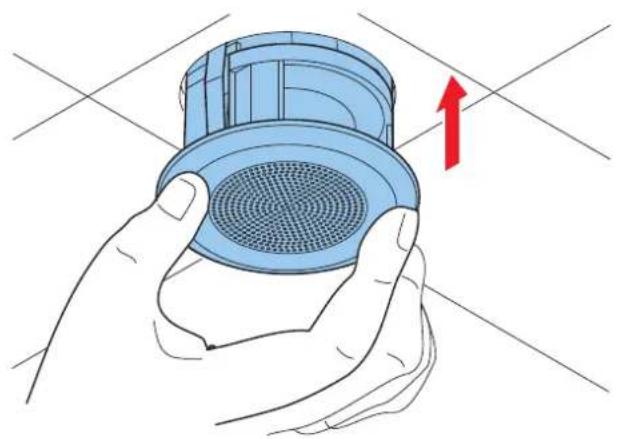 Illustration of a hand holding a blue plastic filter component with a red upward arrow indicating rotation (no text or symbols)