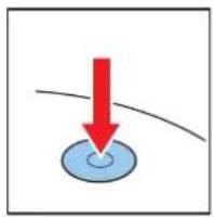 Simple diagram showing a red downward arrow pointing to a blue circular object on a curved line (no text or symbols)