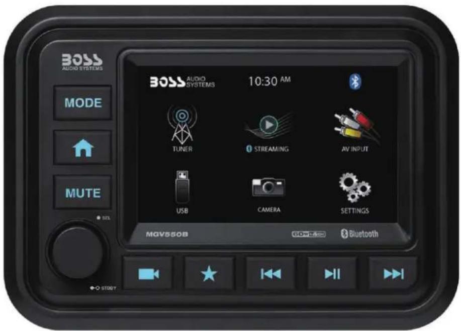 BOSS AUDIO SYSTEMS MODE MUTE SEL MOV550B 10:30 AM TUNER STREAMING AV INPUT USB CAMERA SETTINGS BMW4200 Bluetooth