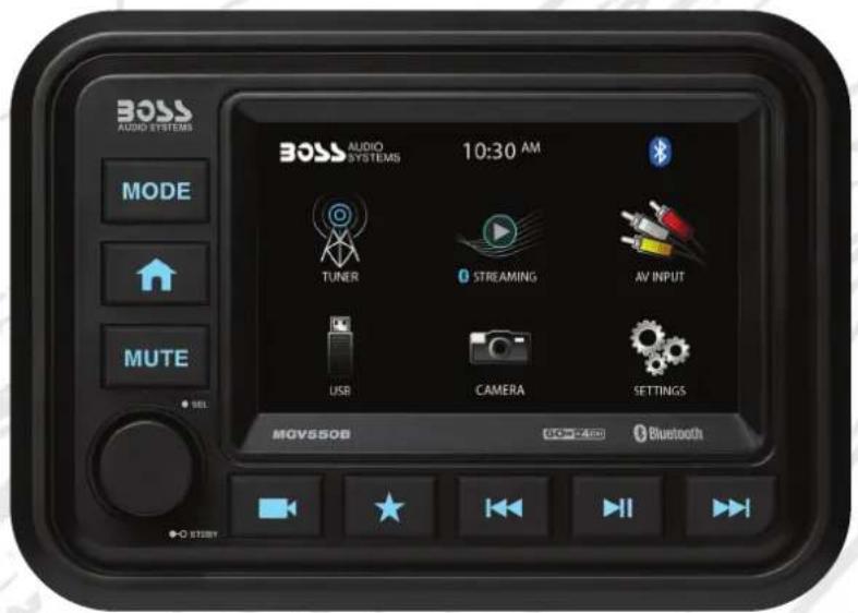 BOSS AUDIO SYSTEMS MODE MUTE 10:30 AM TUNER STREAMING AV INPUT USB CAMERA SETTINGS MGVS50B DC-4200 Bluetooth O STOBY