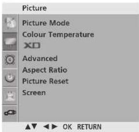 Picture Picture Mode Colour Temperature XD Advanced Aspect Ratio Picture Reset Screen OK RETURN