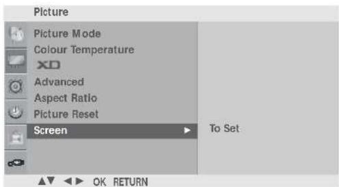 Picture Picture Mode Colour Temperature XD Advanced Aspect Ratio Picture Reset Screen To Set OK RETURN