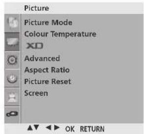Picture Picture Mode Colour Temperature XD Advanced Aspect Ratio Picture Reset Screen OK RETURN