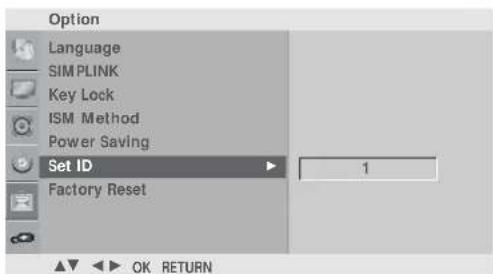 Option Language SIM PLINK Key Lock ISM Method Power Saving Set ID Factory Reset 1 OK RETURN