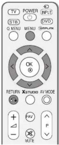 TV POWER INPUT STB Q. MENU MENU DVD @implunk OK RETURN XSTUDIO AV MODE FAV P MUTE