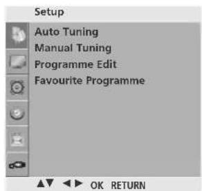 Setup Auto Tuning Manual Tuning Programme Edit Favourite Programme OK RETURN