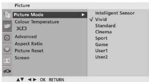 Picture Picture Mode Colour Temperature XD Advanced Aspect Ratio Picture Reset Screen Intelligent Sensor ✓ Vivid Standard Cinema Sport Game User1 User2 OK RETURN