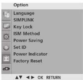 Option Language SIMPLINK Key Lock ISM Method Power Saving Set ID Power Indicator Factory Reset