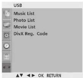 USB Music List Photo List Movie List DivX Reg. Code OK RETURN