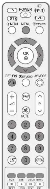 TV POWER INPUT STB DVD Q. MENU MENU SIMPLINK OK RETURN XSTUDIO AV MODE + FAV P - MUTE 1 2 3 4 5 6 7 8 9 LIST 0 VIEW TIME SIZE CHANGE REVEAL INFY TEXT CAP